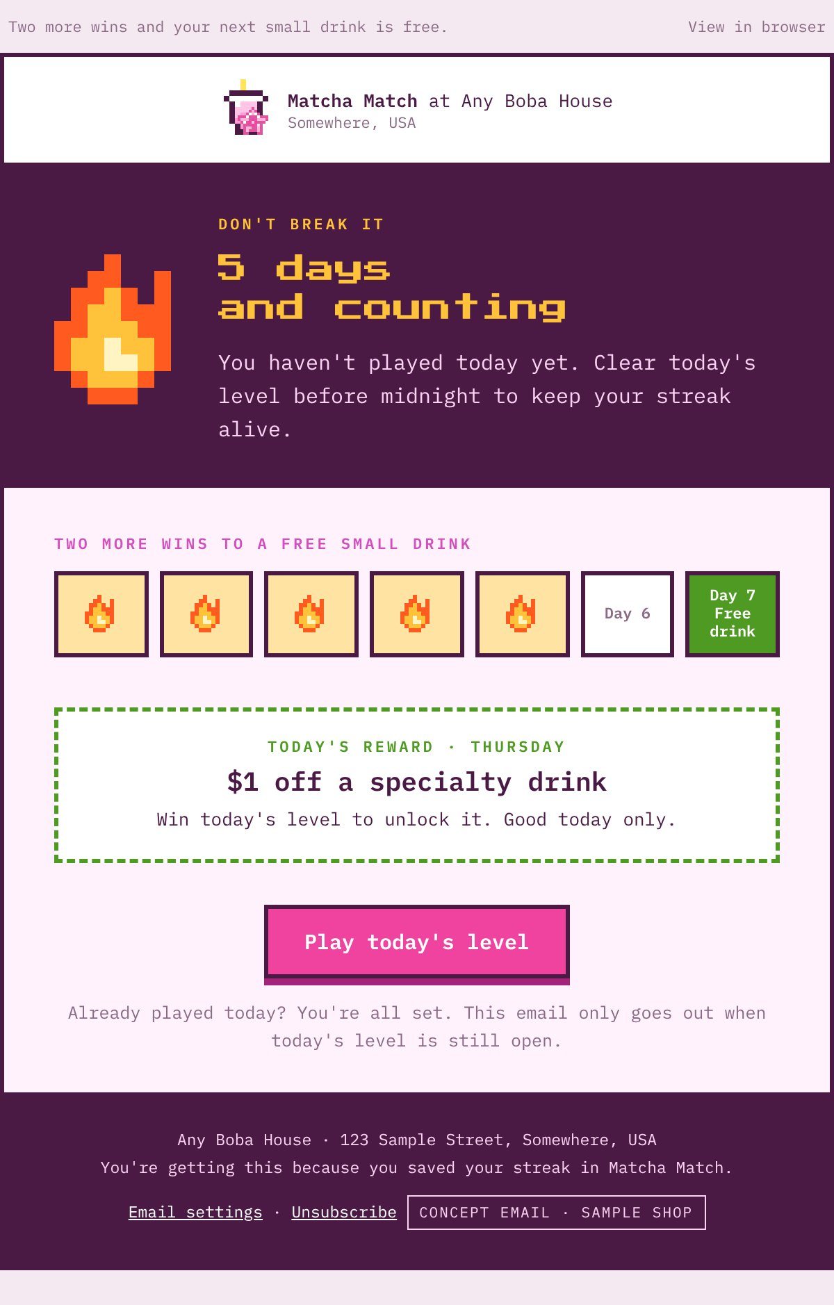 Matcha Match streak email: a 5-day streak with two days left to a free small drink, and today's reward of $1 off a specialty drink