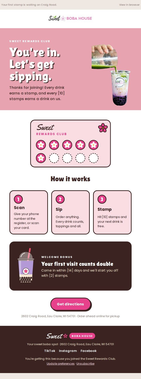 Sweet Boba House Rewards Club welcome email with a stamp card
