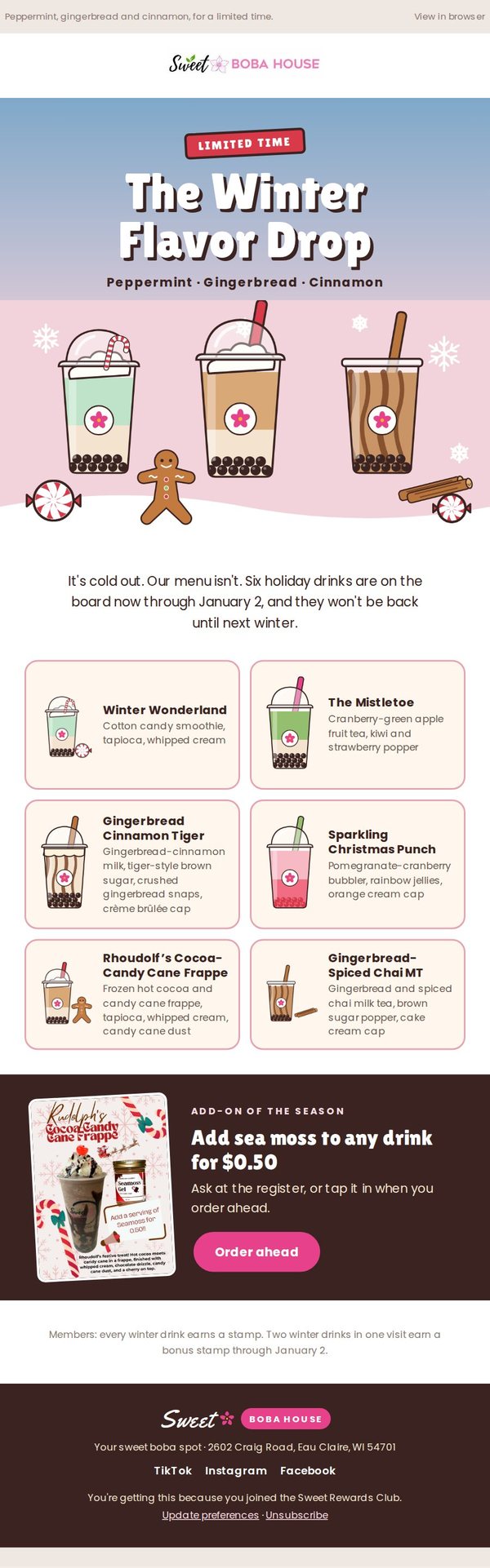 Sweet Boba House Winter Flavor Drop email with six holiday drinks